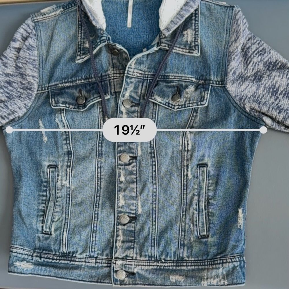 Free People Knit Hooded Denim Jean Jacket Space Dye Knit Sleeve Distressed Sz M - Picture 6 of 12